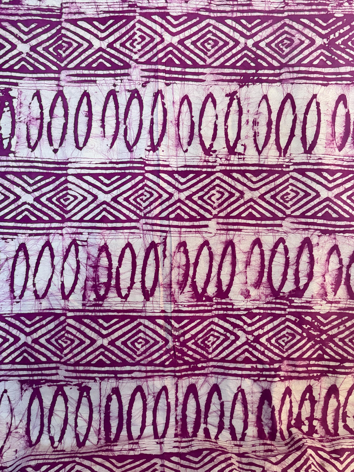 Handmade Adire Batik Fabric Per Yard, Magenta Purple Cotton, Tribal Diamond Oval Pattern