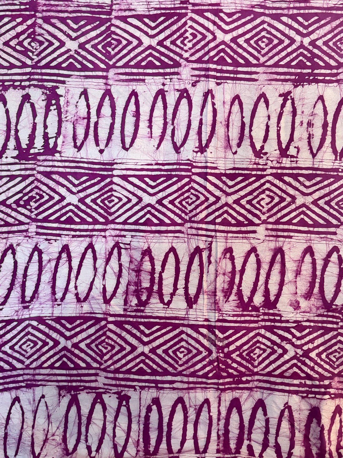 Handmade Adire Batik Fabric Per Yard, Magenta Purple Cotton, Tribal Diamond Oval Pattern