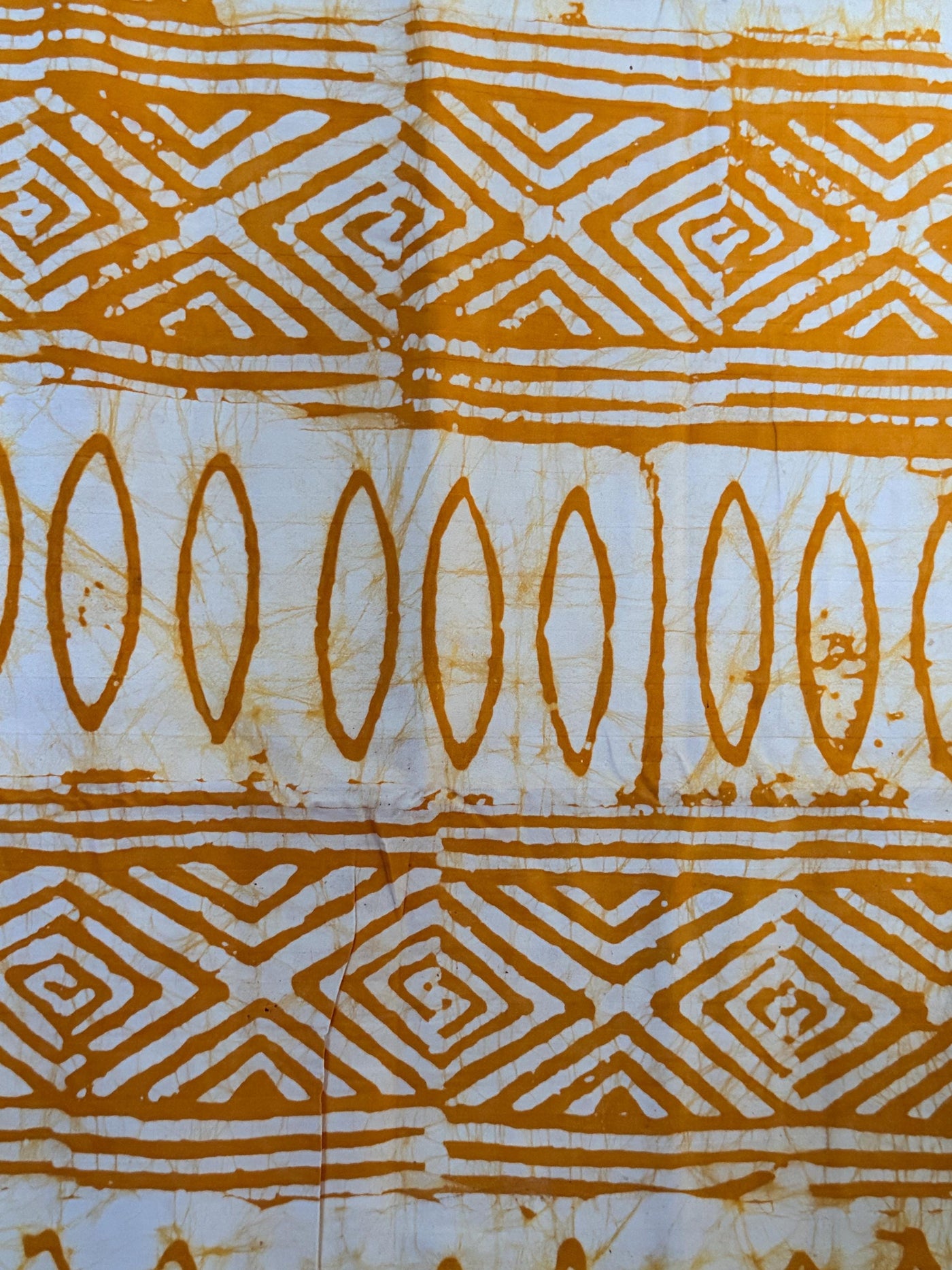 Hand-Dyed Adire Batik Cotton Fabric, Golden Amber Tribal Diamond Pattern Per Yard