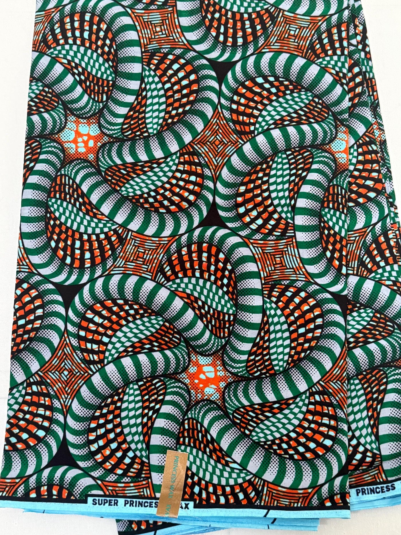 Green Orange Geometric Swirl African Print Cotton Fabric by Yard