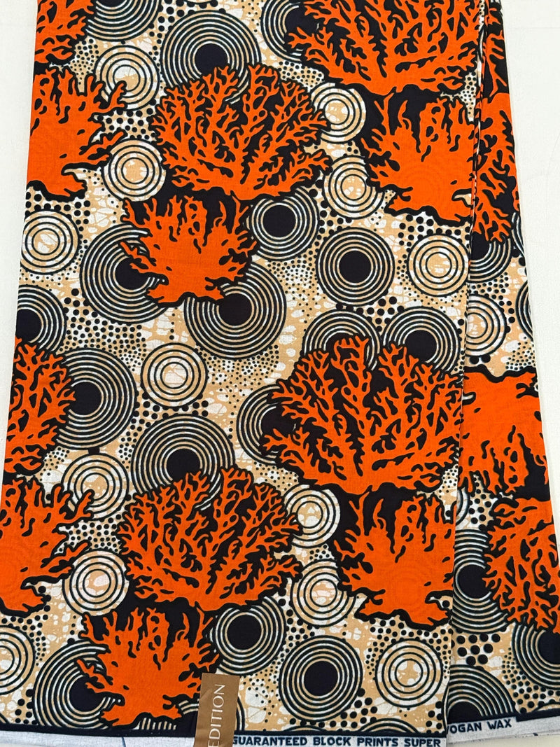 African Wax Print Fabric by Yard | Orange Black Beige Coral Circles 100% Cotton Ankara