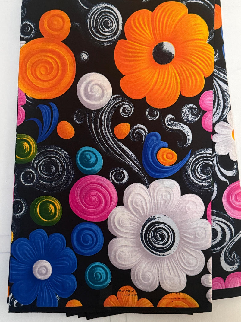 African Wax Print Fabric | Black Floral Ankara Cotton for Sewing Yard