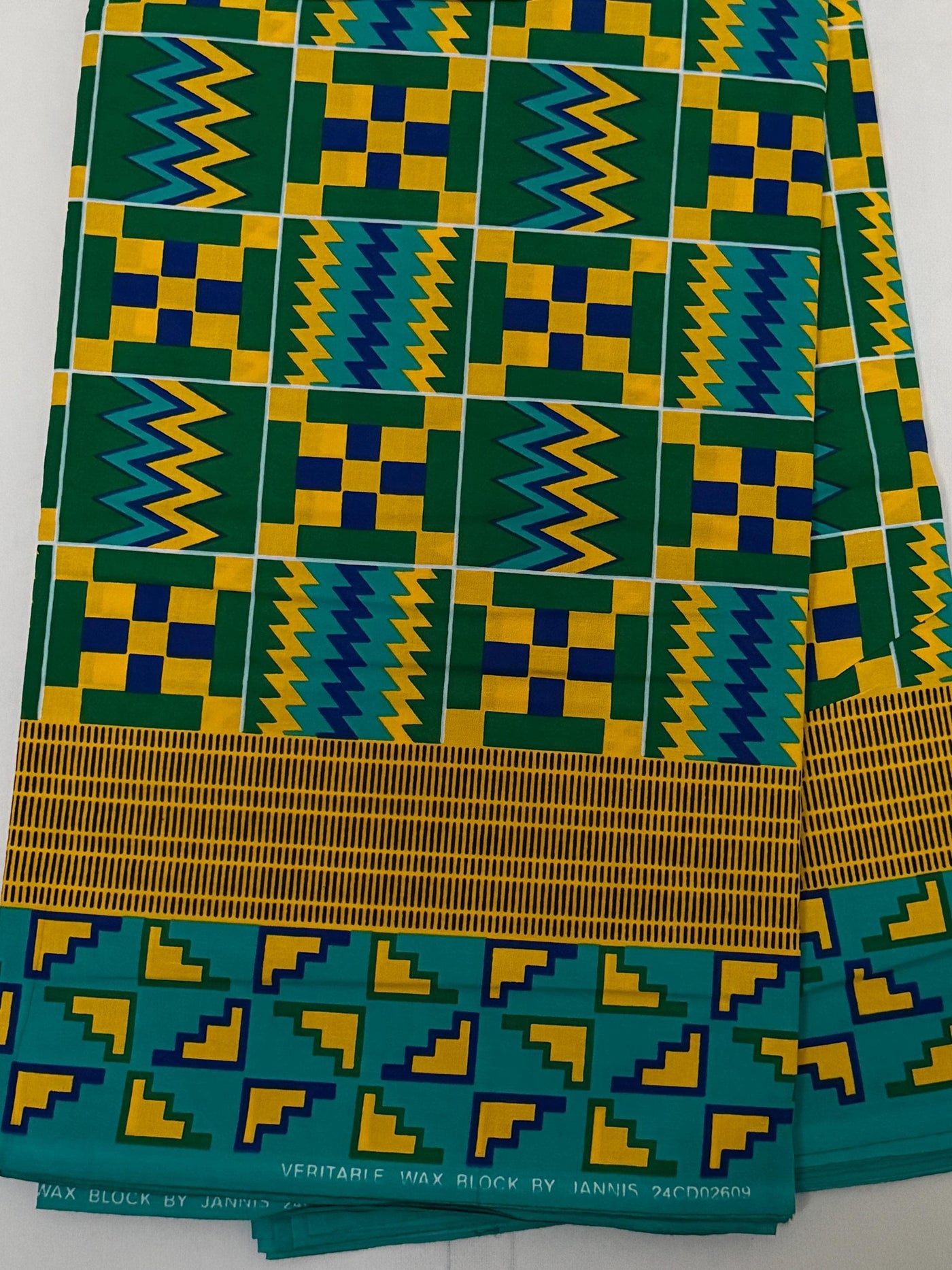 African Kente Print Cotton Fabric, Green Yellow Blue Geometric Sewing Yard