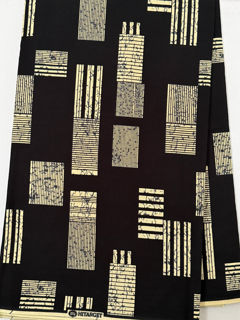 African Wax Print Fabric, Black Cream Geometric Cotton, Modern Ankara Sewing Yard