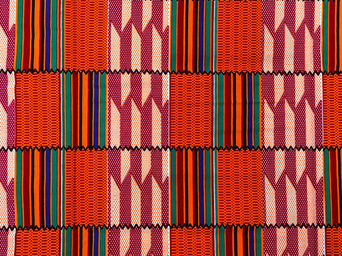Kente Print Cotton Fabric by Yard, Orange Burgundy Green African Ankara Sewing Tool