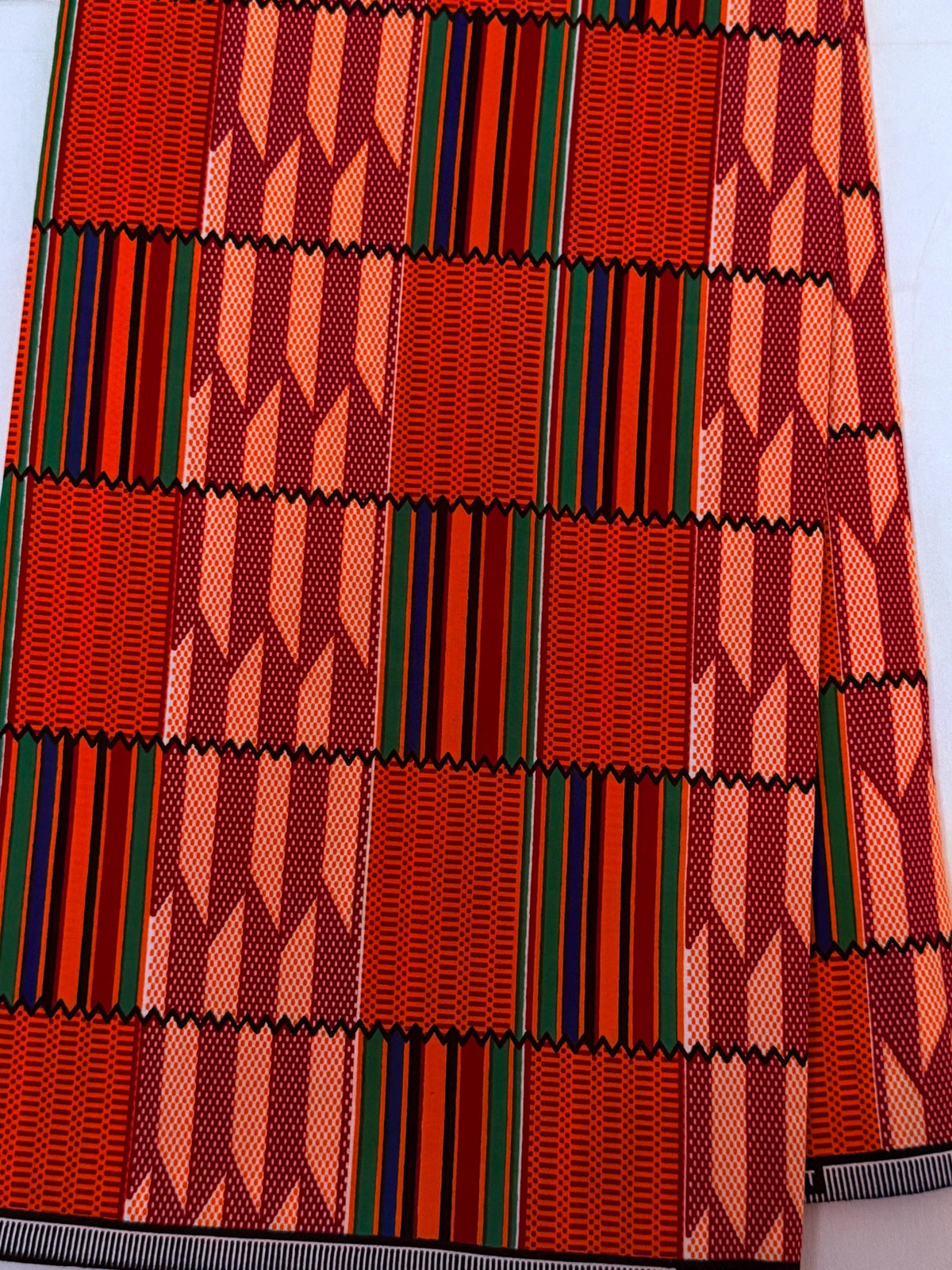 Kente Print Cotton Fabric by Yard, Orange Burgundy Green African Ankara Sewing Tool