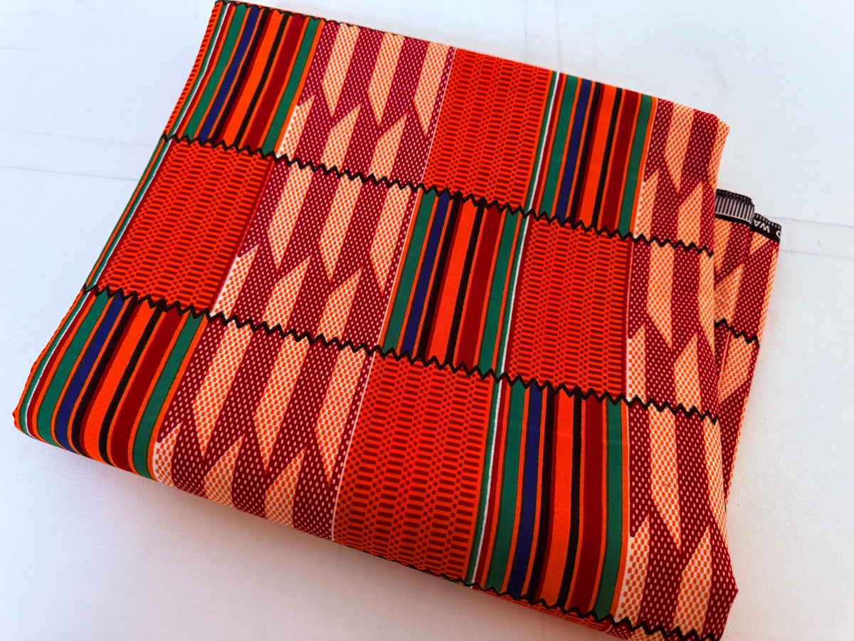 Kente Print Cotton Fabric by Yard, Orange Burgundy Green African Ankara Sewing Tool