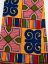 Adinkra Kente Print Cotton Fabric, Gold Blue Red Ankara Sewing Yardage