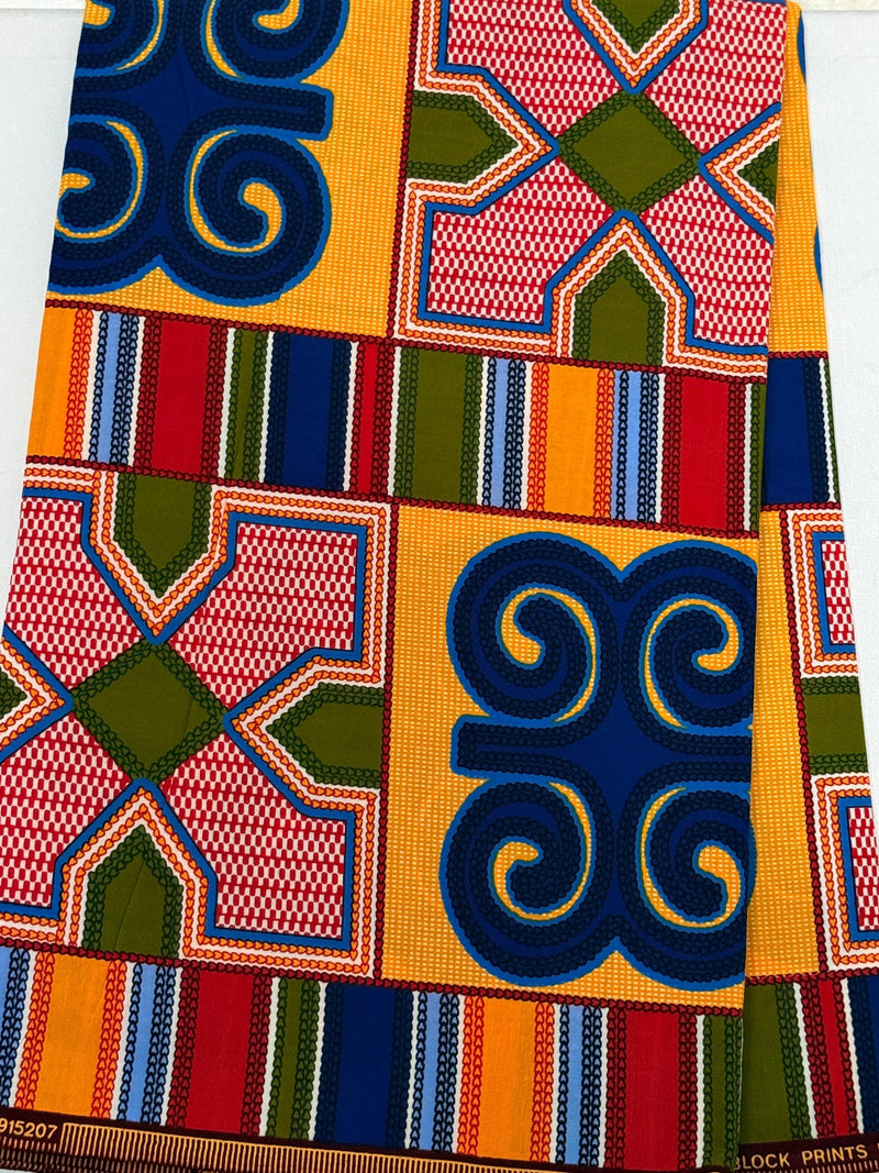 Adinkra Kente Print Cotton Fabric, Gold Blue Red Ankara Sewing Yardage