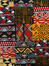African Mud Cloth Print Fabric, Red Orange Gold Tribal Patchwork Cotton, Ethnic Sewing Yard