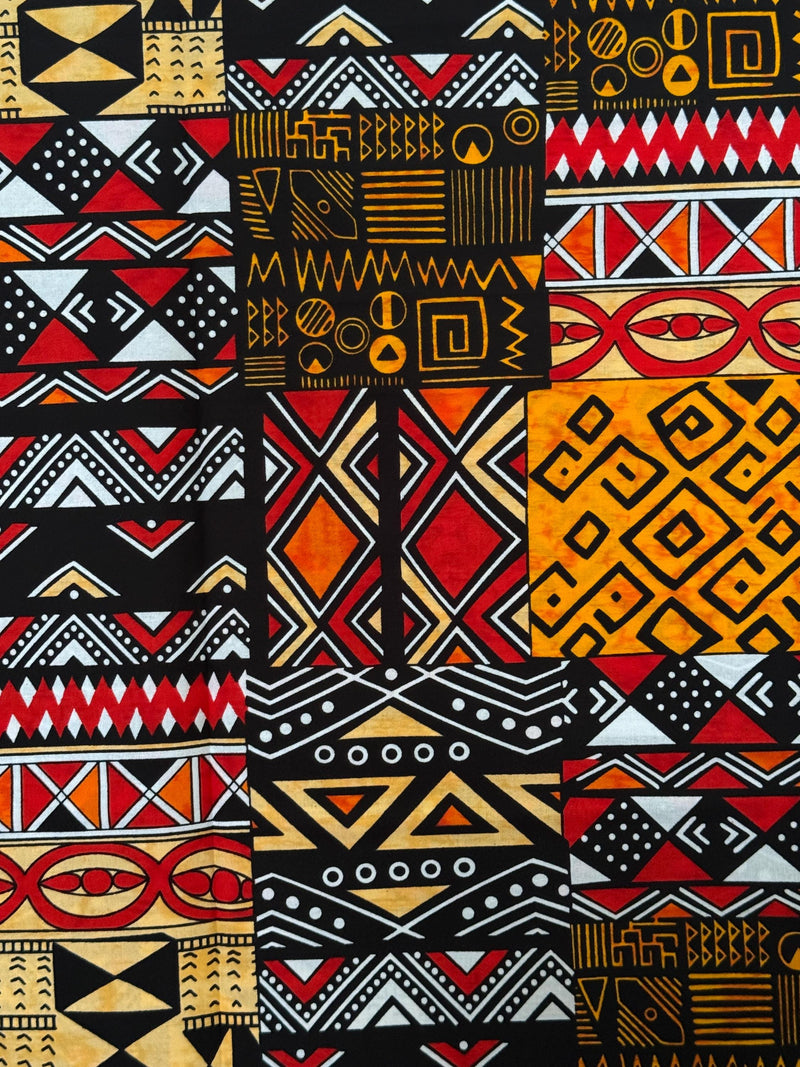 African Mud Cloth Print Fabric, Red Orange Gold Tribal Patchwork Cotton, Ethnic Sewing Yard