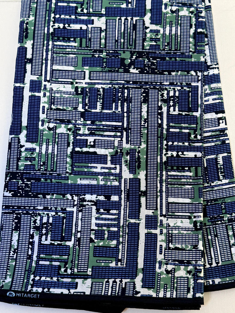 100% Cotton Ankara Fabric, Navy Blue Olive Green Maze Print, Modern Geometric Sewing Yardage