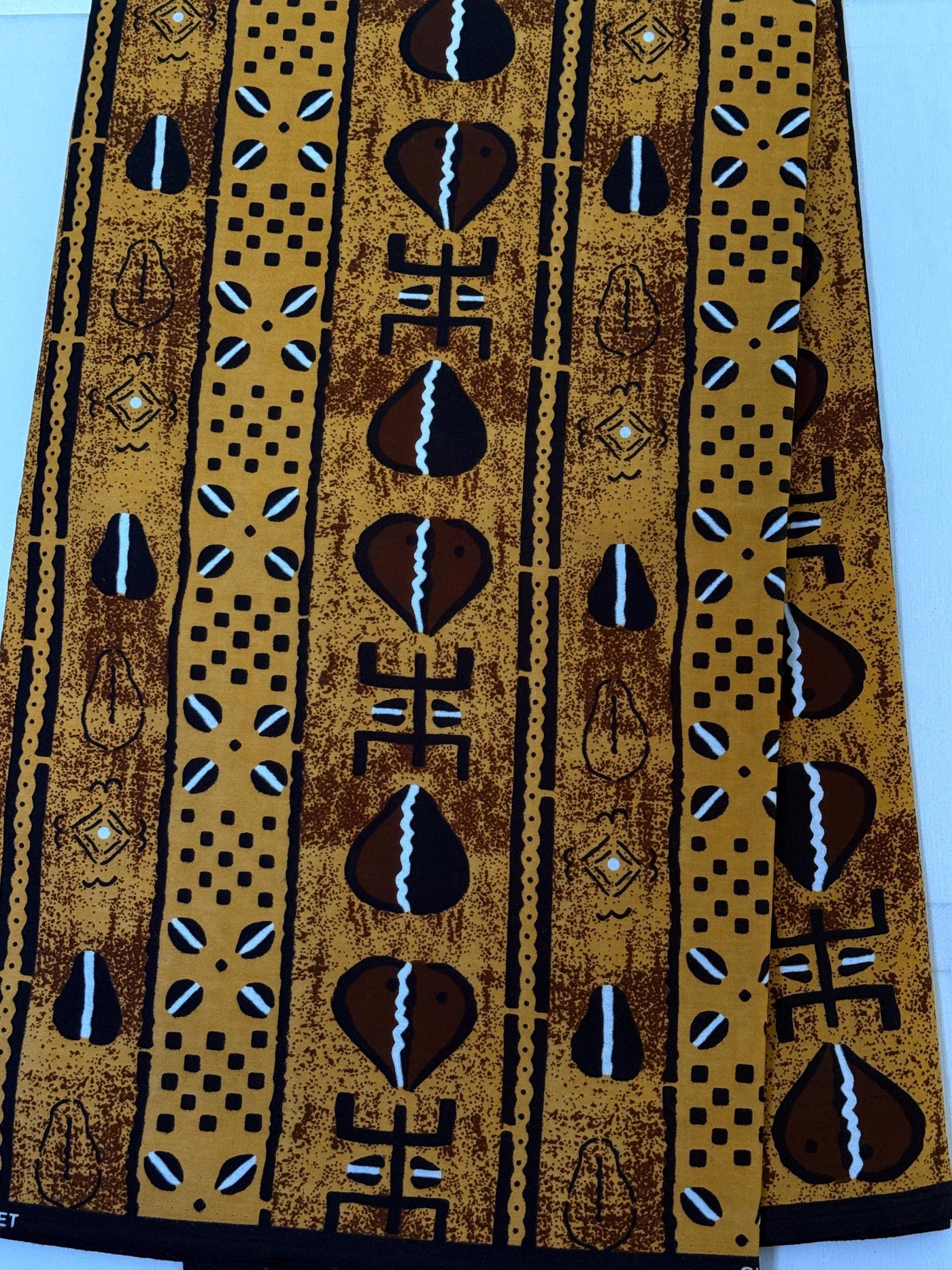 African Print Cotton Fabric, Mustard Gold Cowrie Shell Stripe, Tribal Sewing Yardage