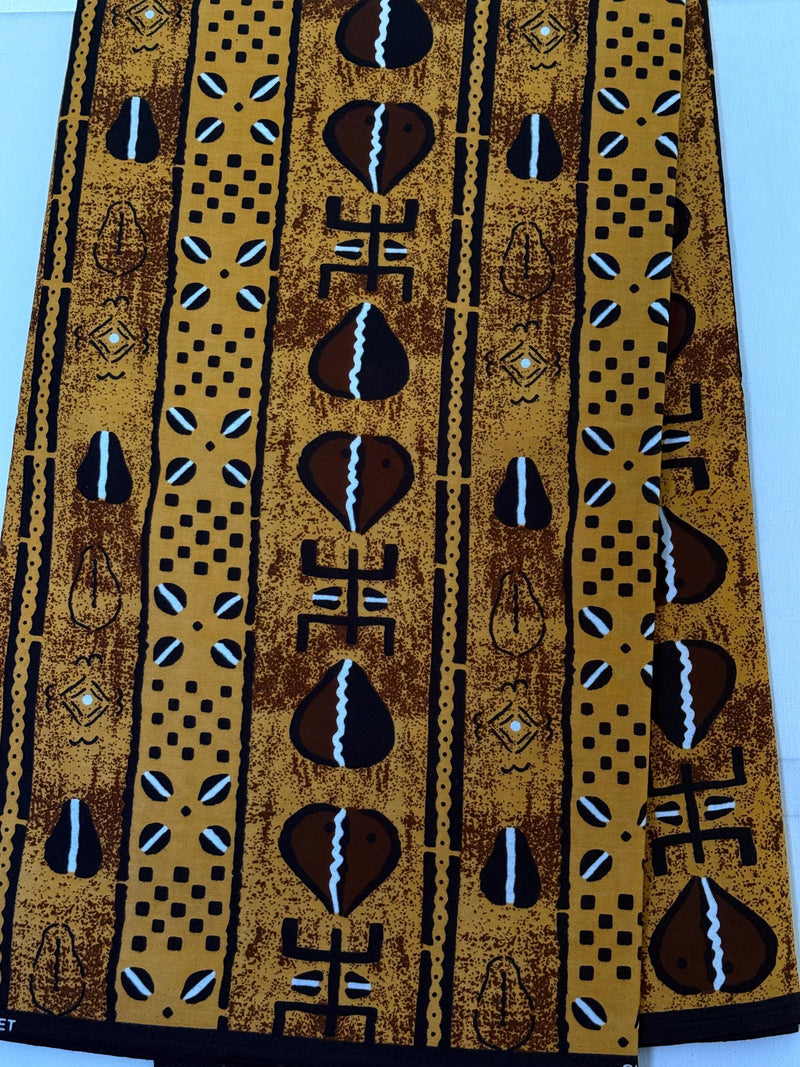 African Print Cotton Fabric, Mustard Gold Cowrie Shell Stripe, Tribal Sewing Yardage
