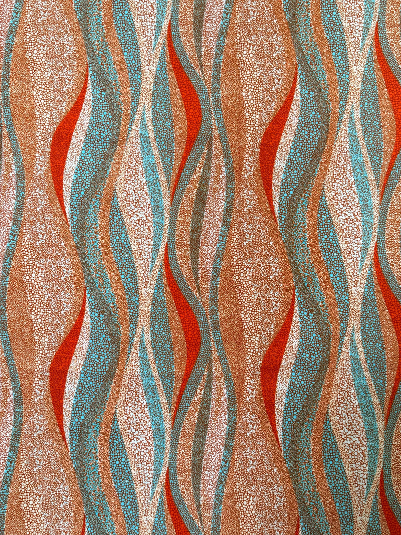 100% Cotton Ankara Fabric, Terracotta Teal Wave Stripe Print, Boho Sewing Quilting Yard