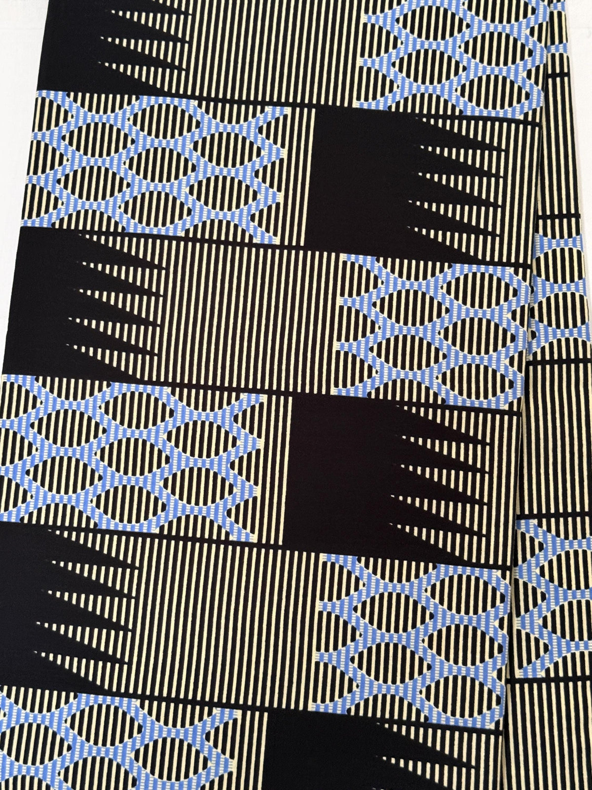 African Print Cotton Fabric, Black Cream Blue Geometric Chain, Apparel Sewing Yard