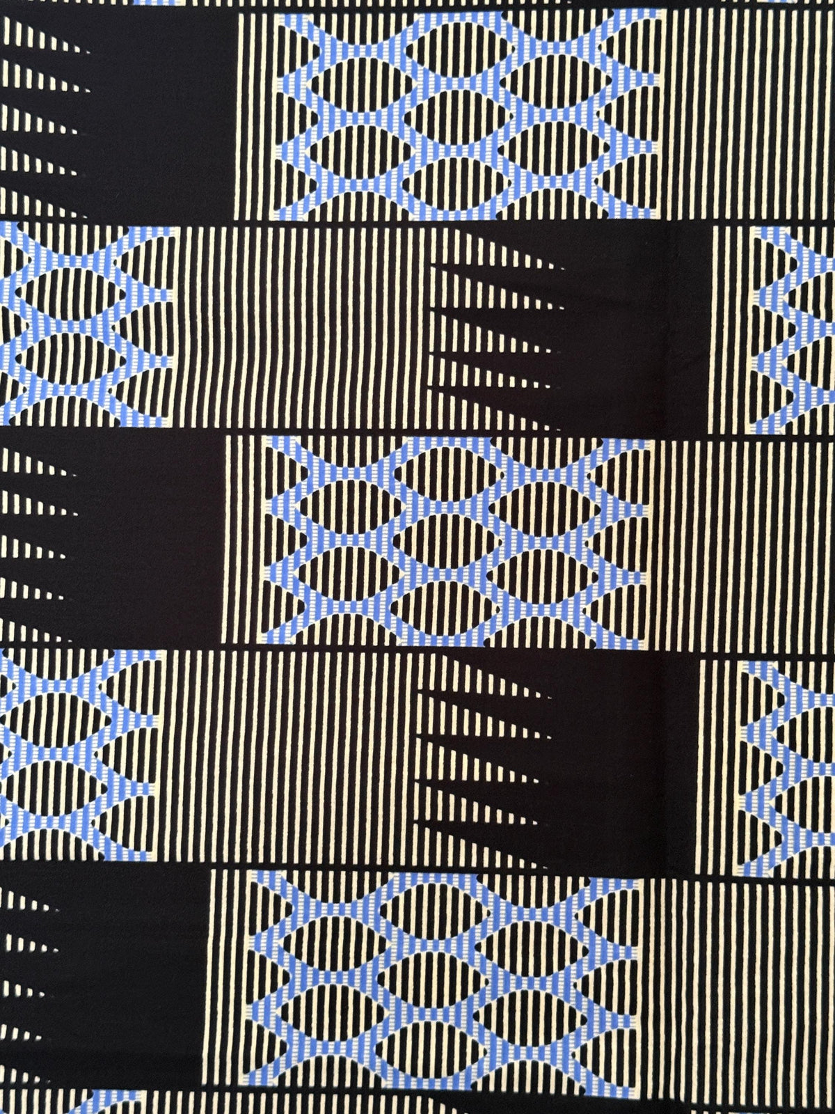 African Print Cotton Fabric, Black Cream Blue Geometric Chain, Apparel Sewing Yard