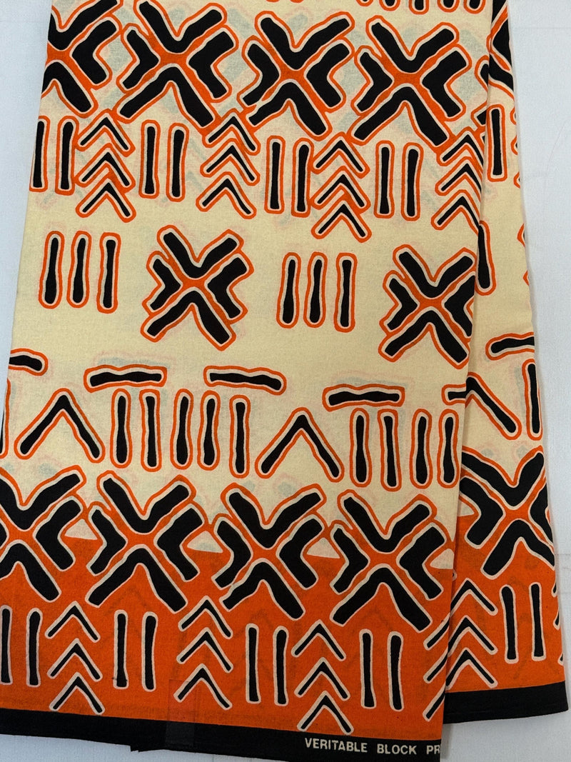 African Mud Cloth Print Fabric, Orange Black Cream Cotton, Tribal Ankara Sewing Yardage
