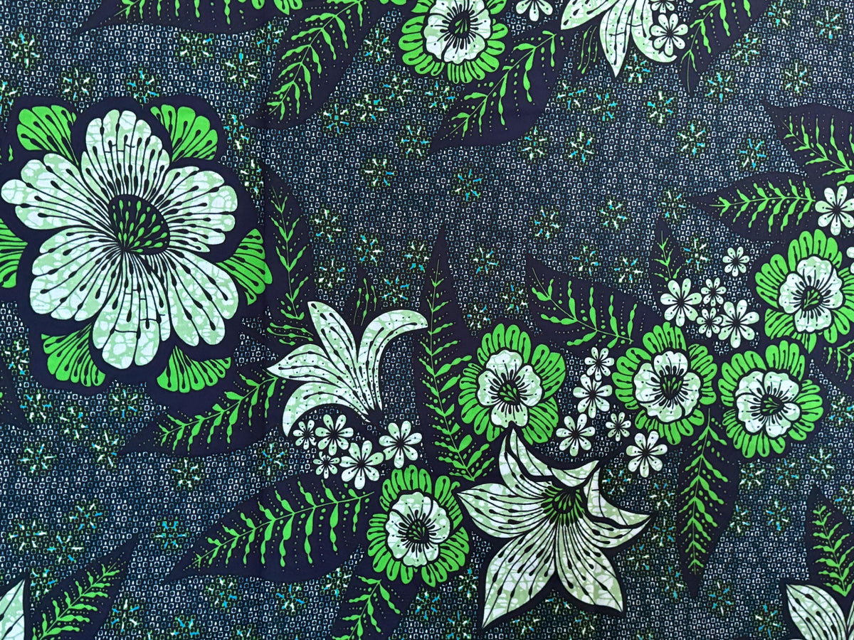 African Print Fabric, Navy Green White Floral Botanical Cotton, Apparel Quilting Yardage