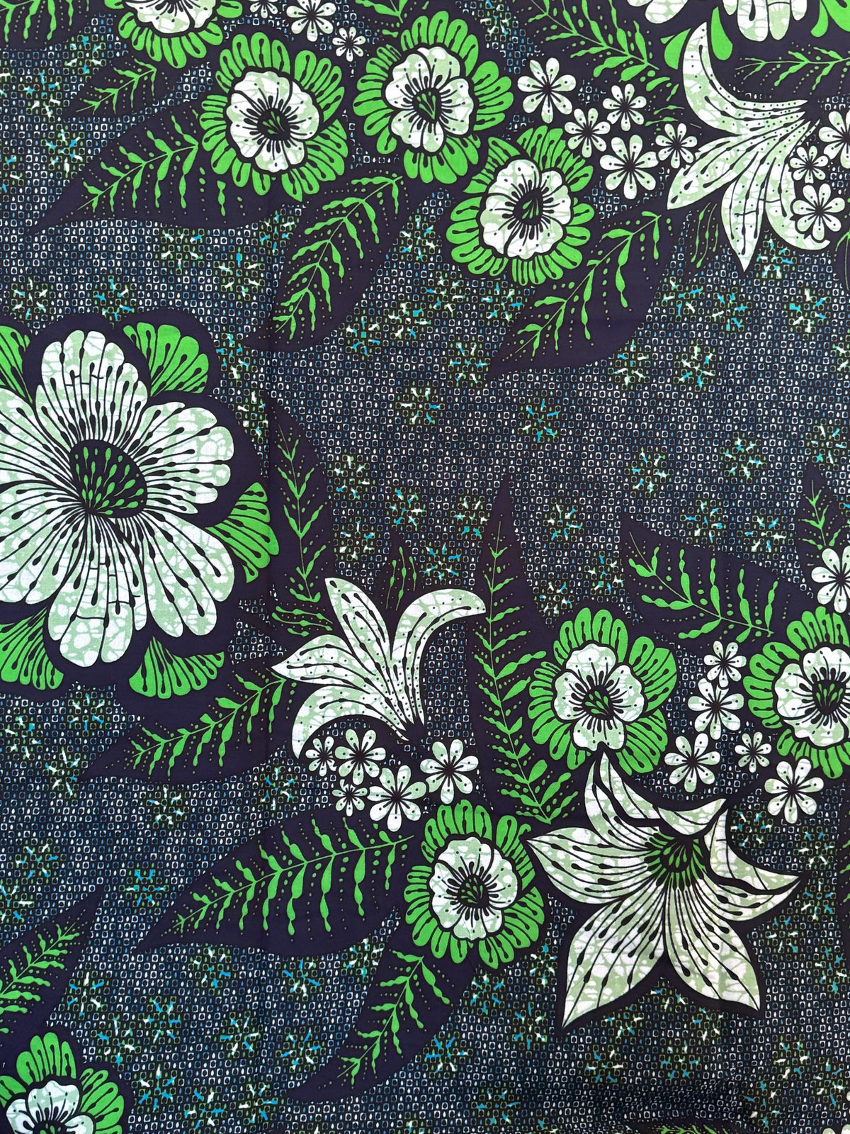 African Print Fabric, Navy Green White Floral Botanical Cotton, Apparel Quilting Yardage