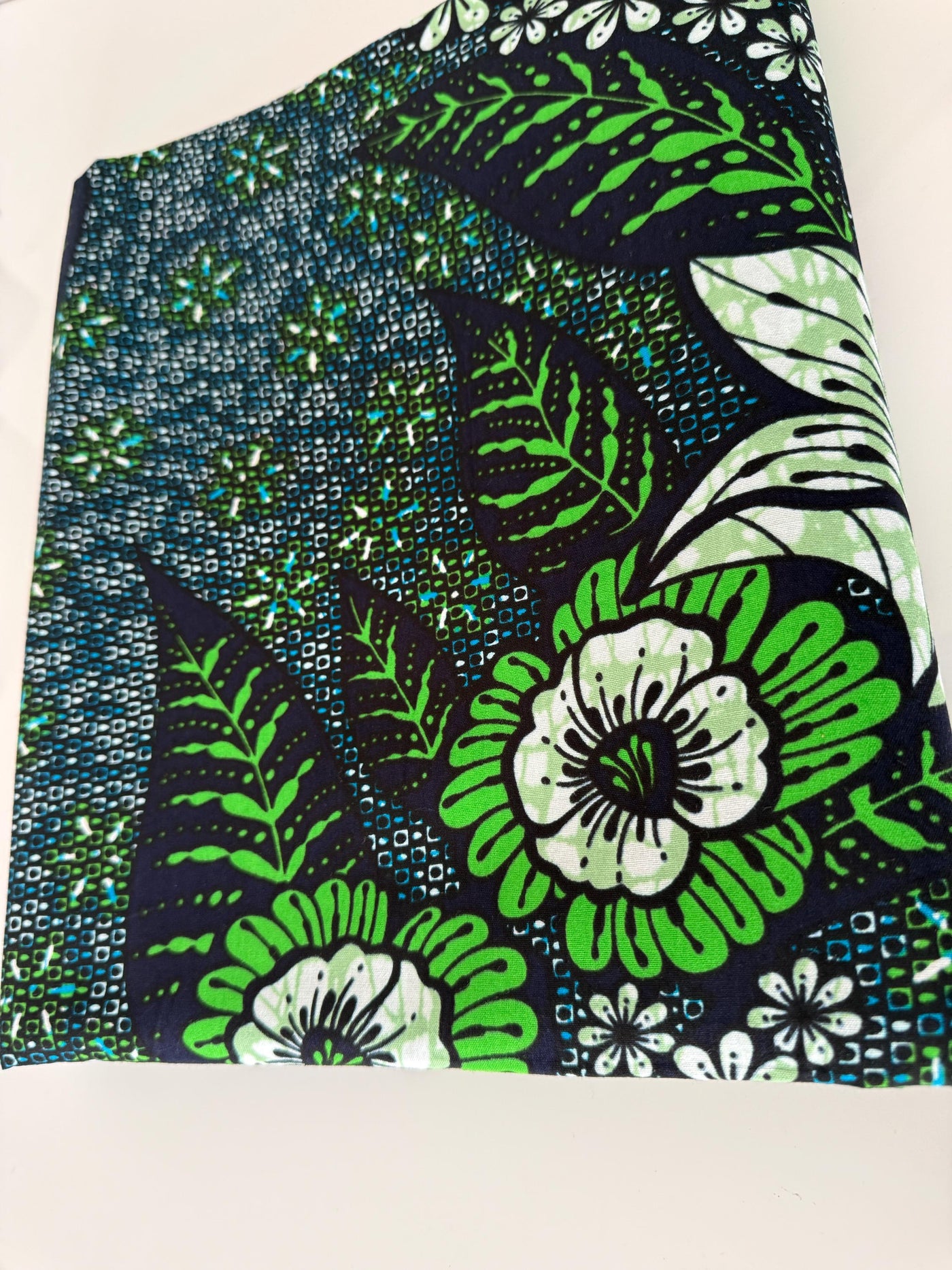 African Print Fabric, Navy Green White Floral Botanical Cotton, Apparel Quilting Yardage