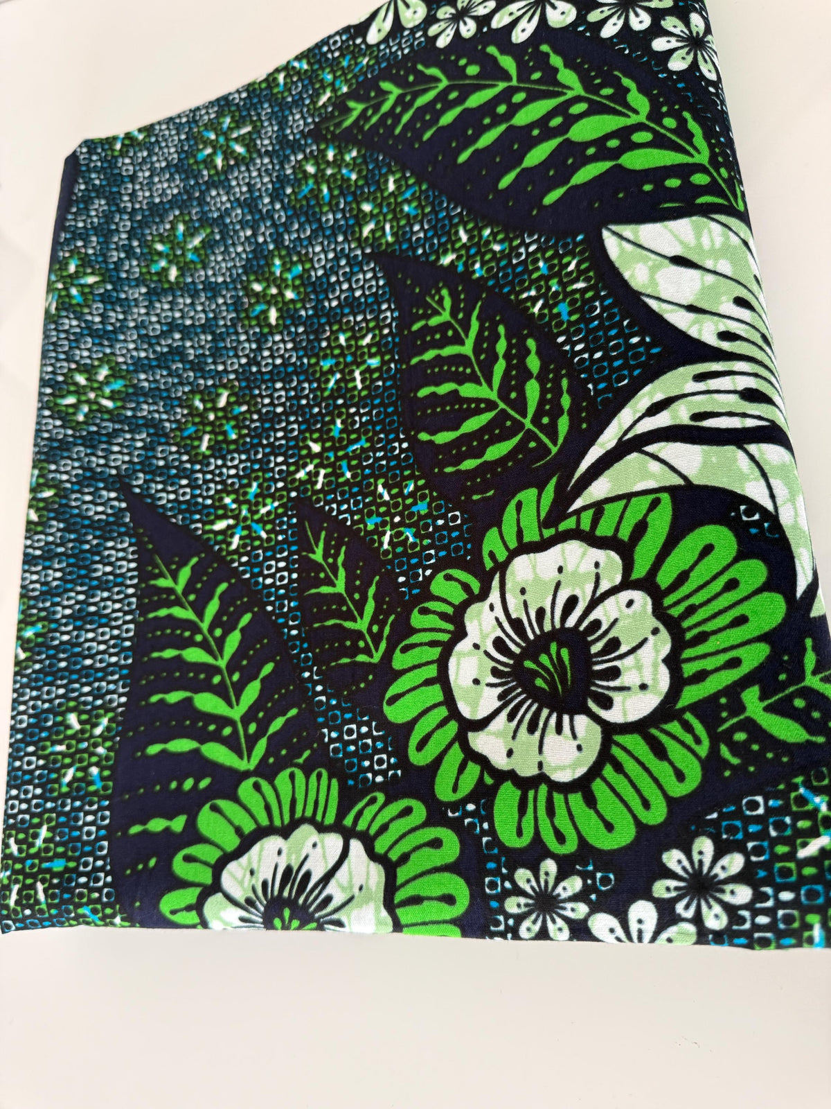 African Print Fabric, Navy Green White Floral Botanical Cotton, Apparel Quilting Yardage