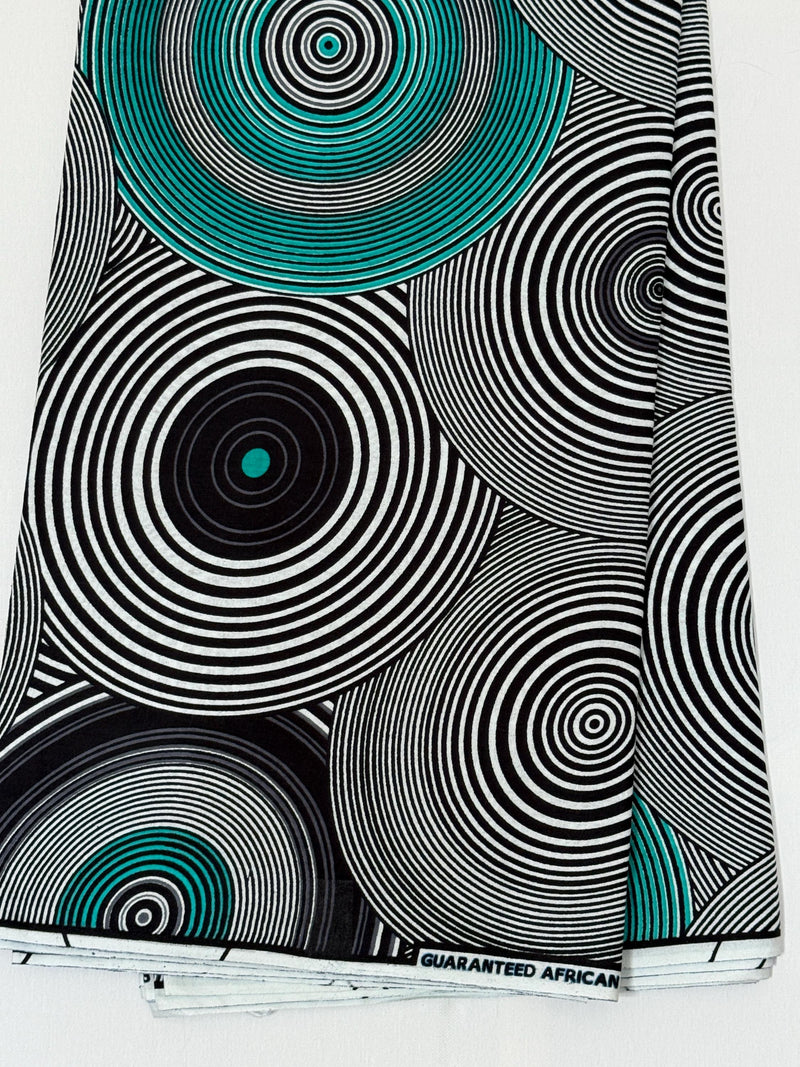 African Print Fabric, Black White Teal Concentric Circles, 100% Cotton Ankara Yardage