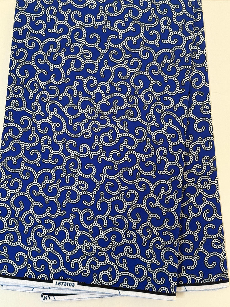 African Print Fabric, Royal Blue White Scroll Cotton, Apparel Quilting Sewing Yard