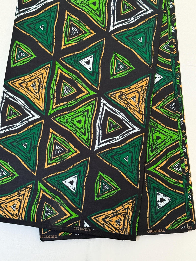 African Print Cotton Fabric, Black Green Gold White Triangle Ankara, Tribal Sewing Yardage