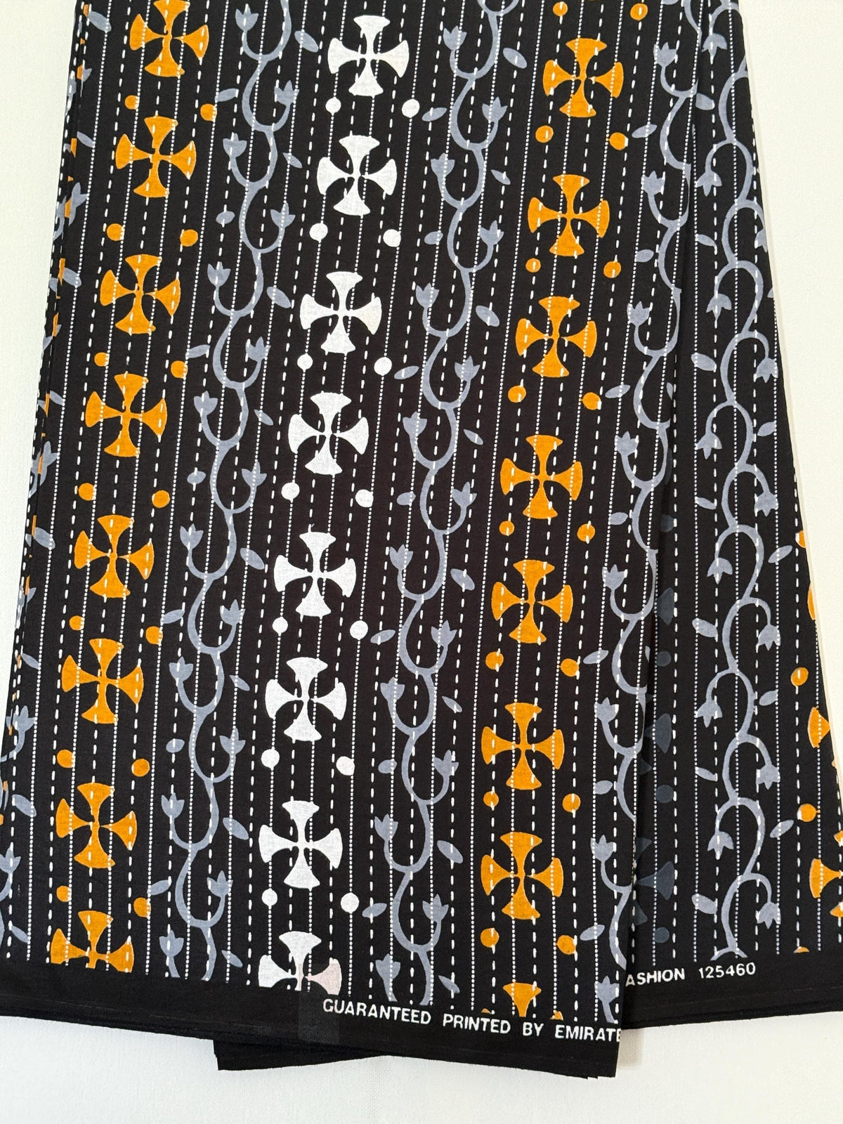 African Print Cotton Fabric by Yard, Black Gold White Cross Motif Ankara Sewing Quilting