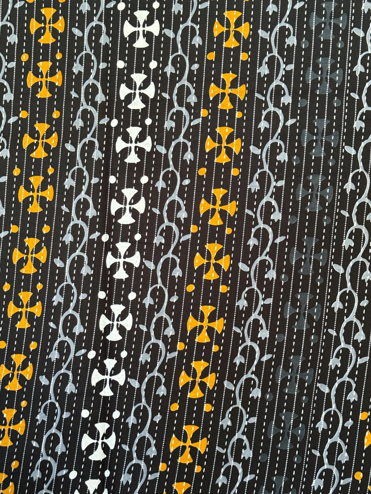 African Print Cotton Fabric by Yard, Black Gold White Cross Motif Ankara Sewing Quilting