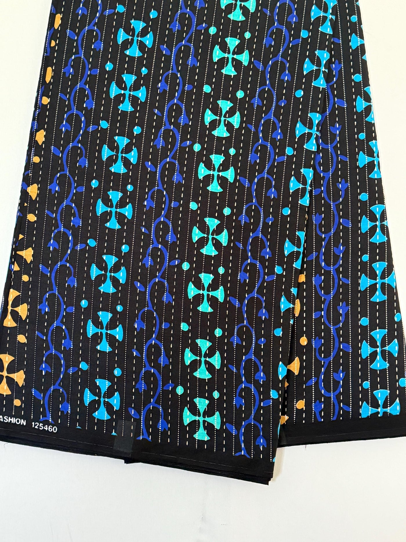 Ankara Cotton Fabric, Black Turquoise Gold Cross Motif Stripe, Apparel Sewing Yard