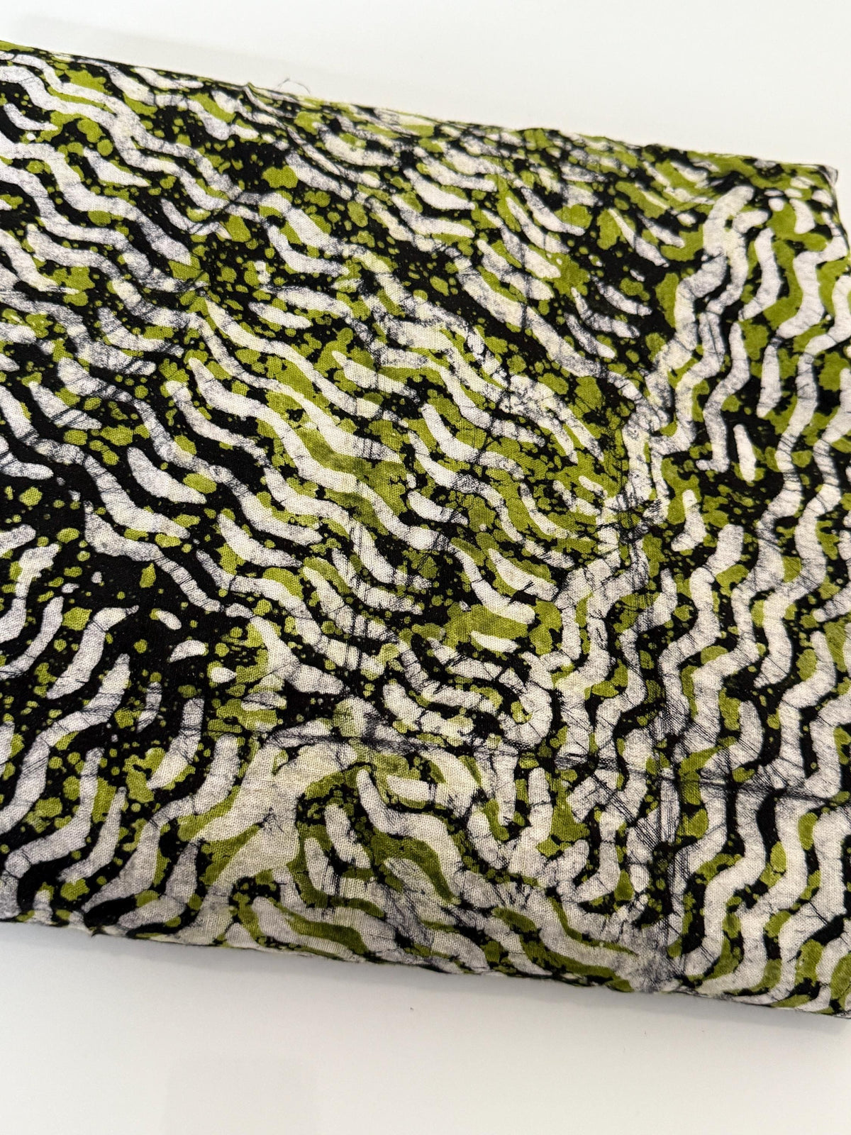 Hand-Dyed Adire Batik Fabric Per Yard, Olive Green Funtua Cotton, African Wave Pattern