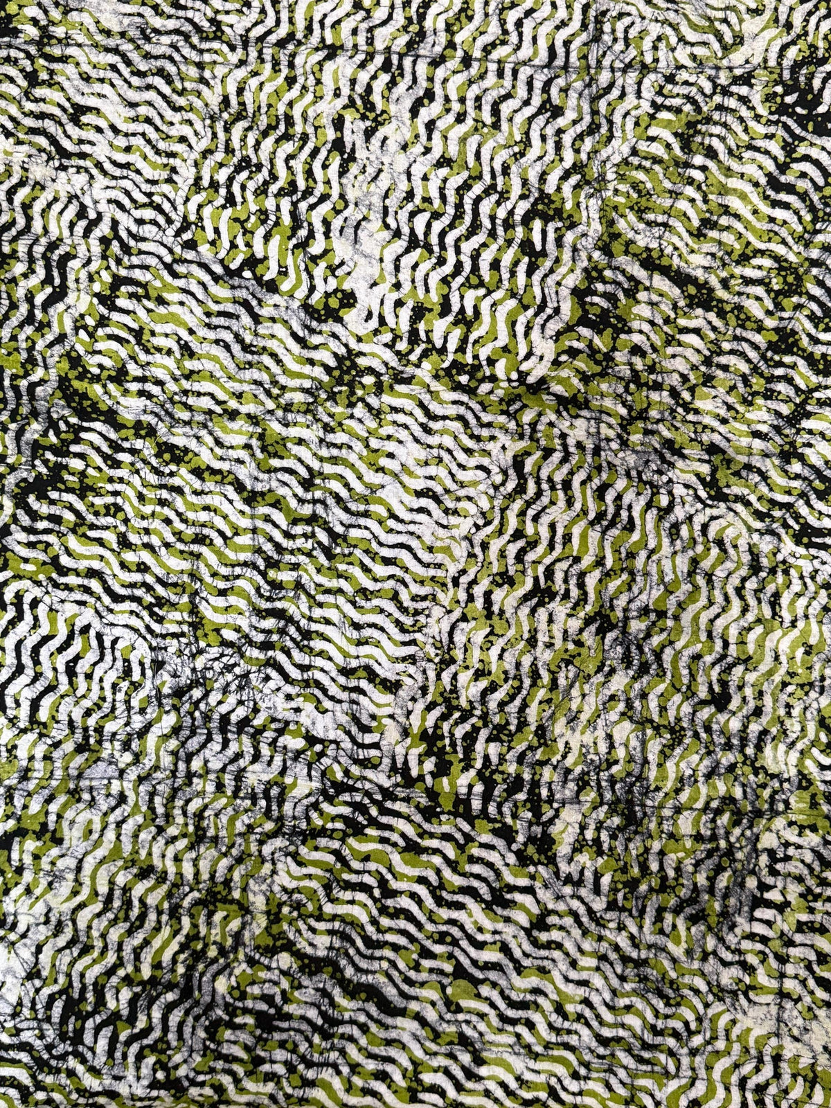 Hand-Dyed Adire Batik Fabric Per Yard, Olive Green Funtua Cotton, African Wave Pattern