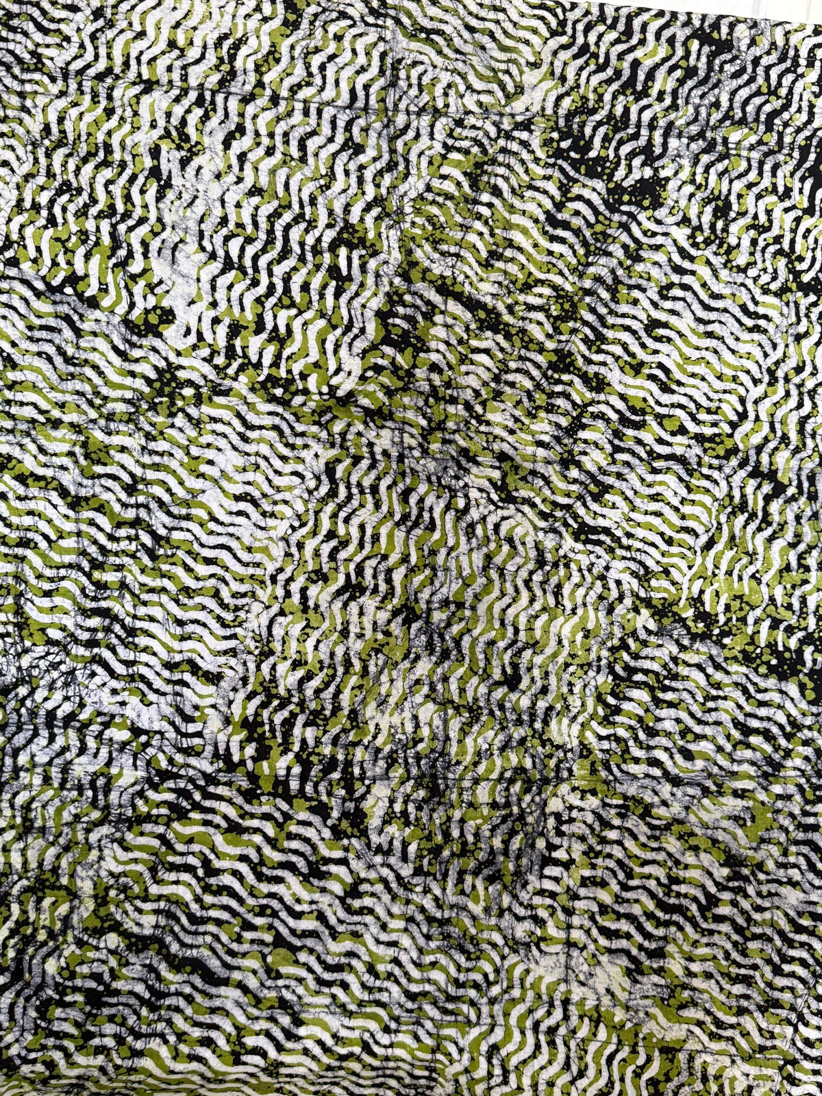 Hand-Dyed Adire Batik Fabric Per Yard, Olive Green Funtua Cotton, African Wave Pattern