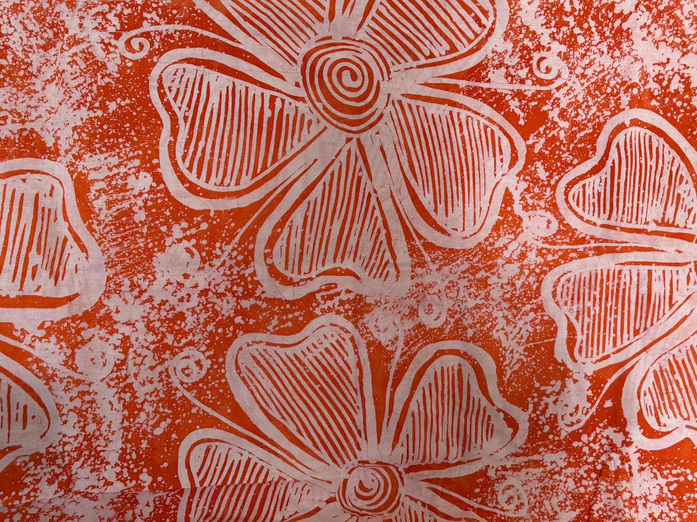 Hand-Dyed Adire Batik Fabric Per Yard, Botanical Floral Cotton, Burnt Orange Cream