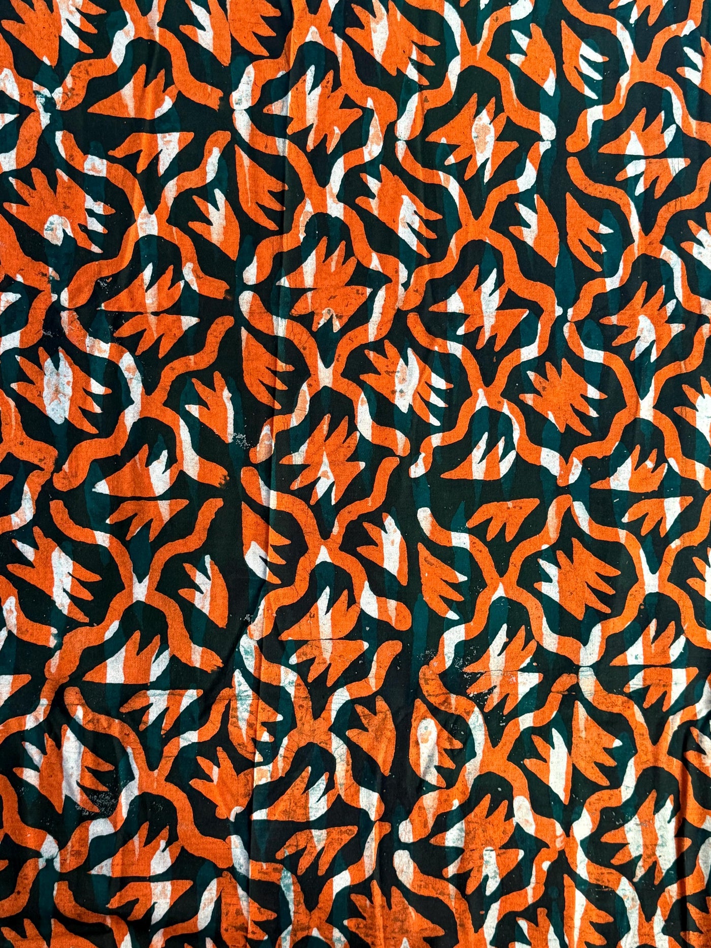 Handmade Adire Batik Fabric Per Yard, Nigerian Funtua Cotton, Orange Green White Leaf Flame