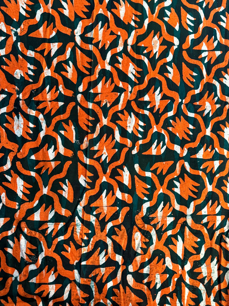 Handmade Adire Batik Fabric Per Yard, Nigerian Funtua Cotton, Orange Green White Leaf Flame