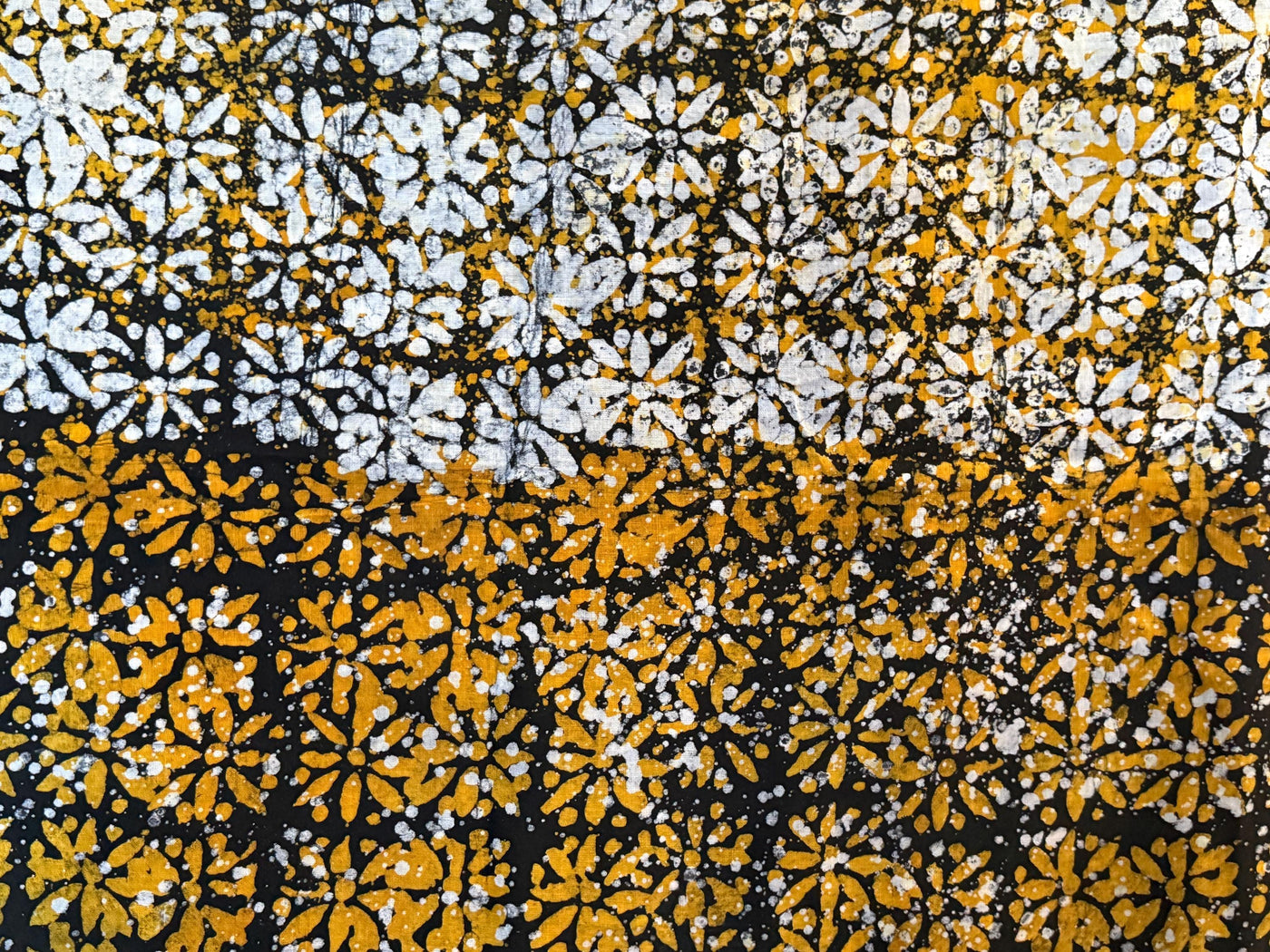 Handmade Adire Batik Fabric, Nigerian Funtua Cotton, Black Gold White Floral Print Per Yard