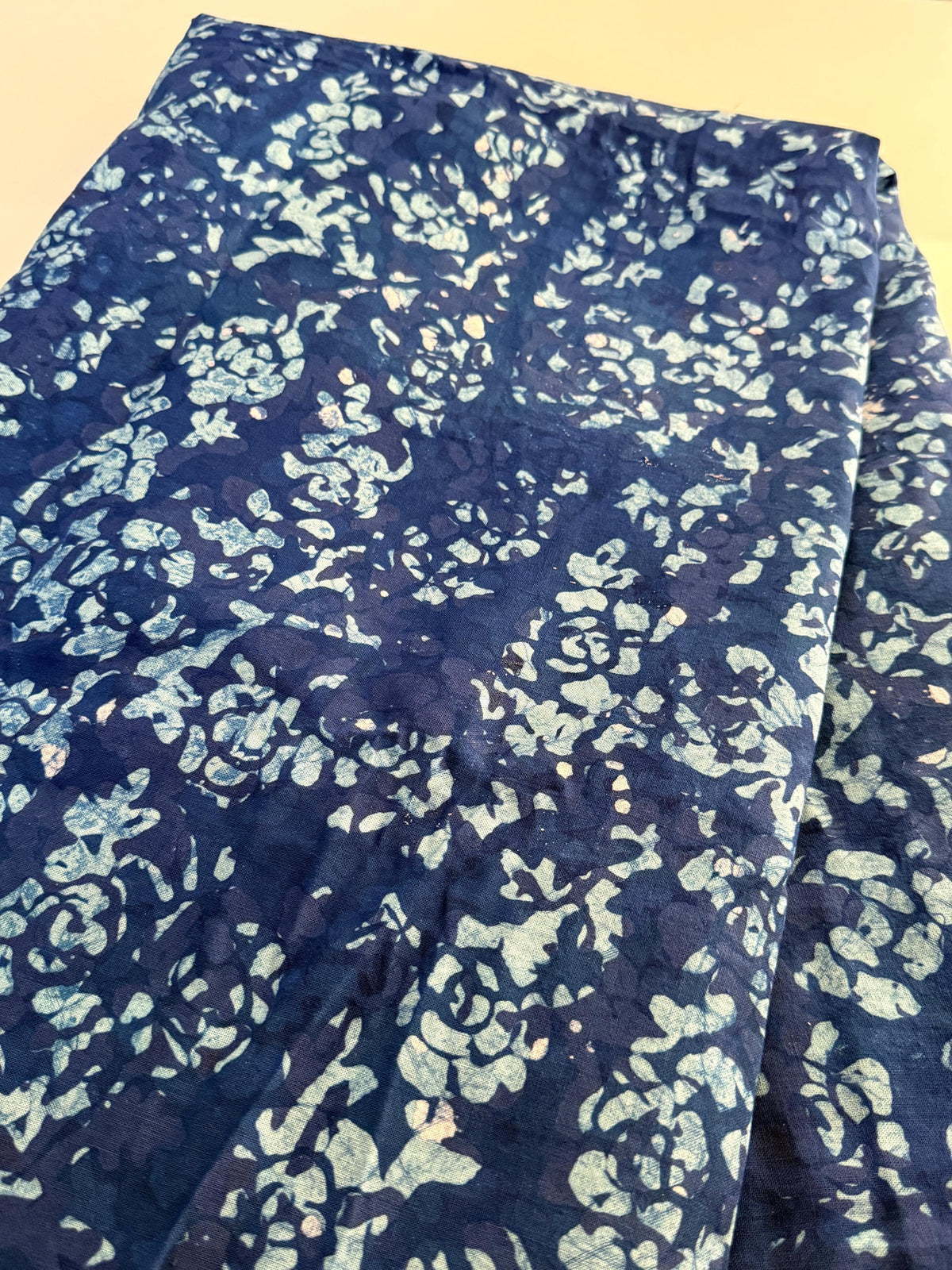 Hand-Dyed Adire Batik Fabric, Nigerian Cotton, Navy Blue Floral Print, Per Yard Sewing Material