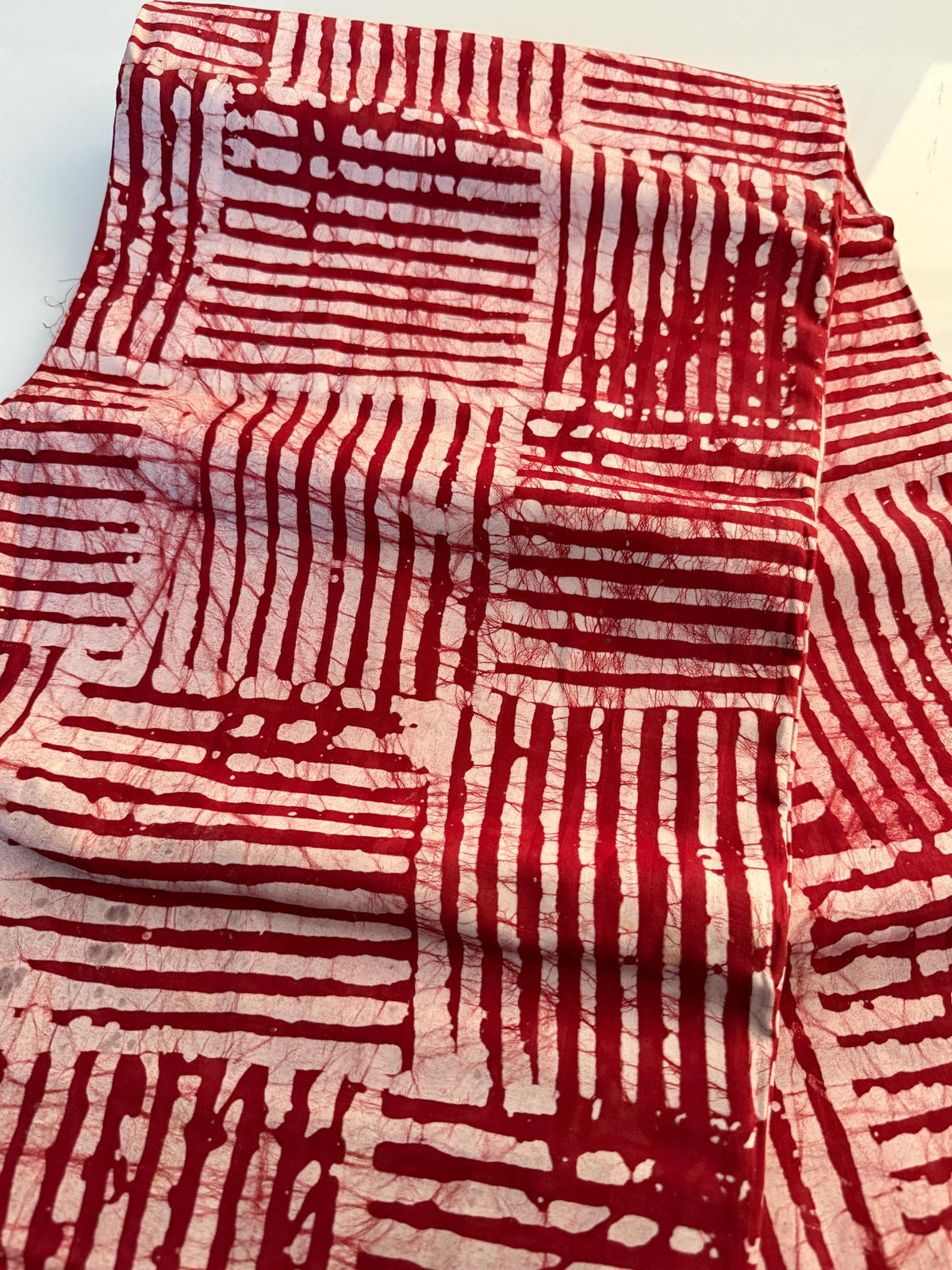 Hand-Dyed Adire Batik Fabric, Red White Basket Weave Cotton, Nigerian Artisan Sewing Material