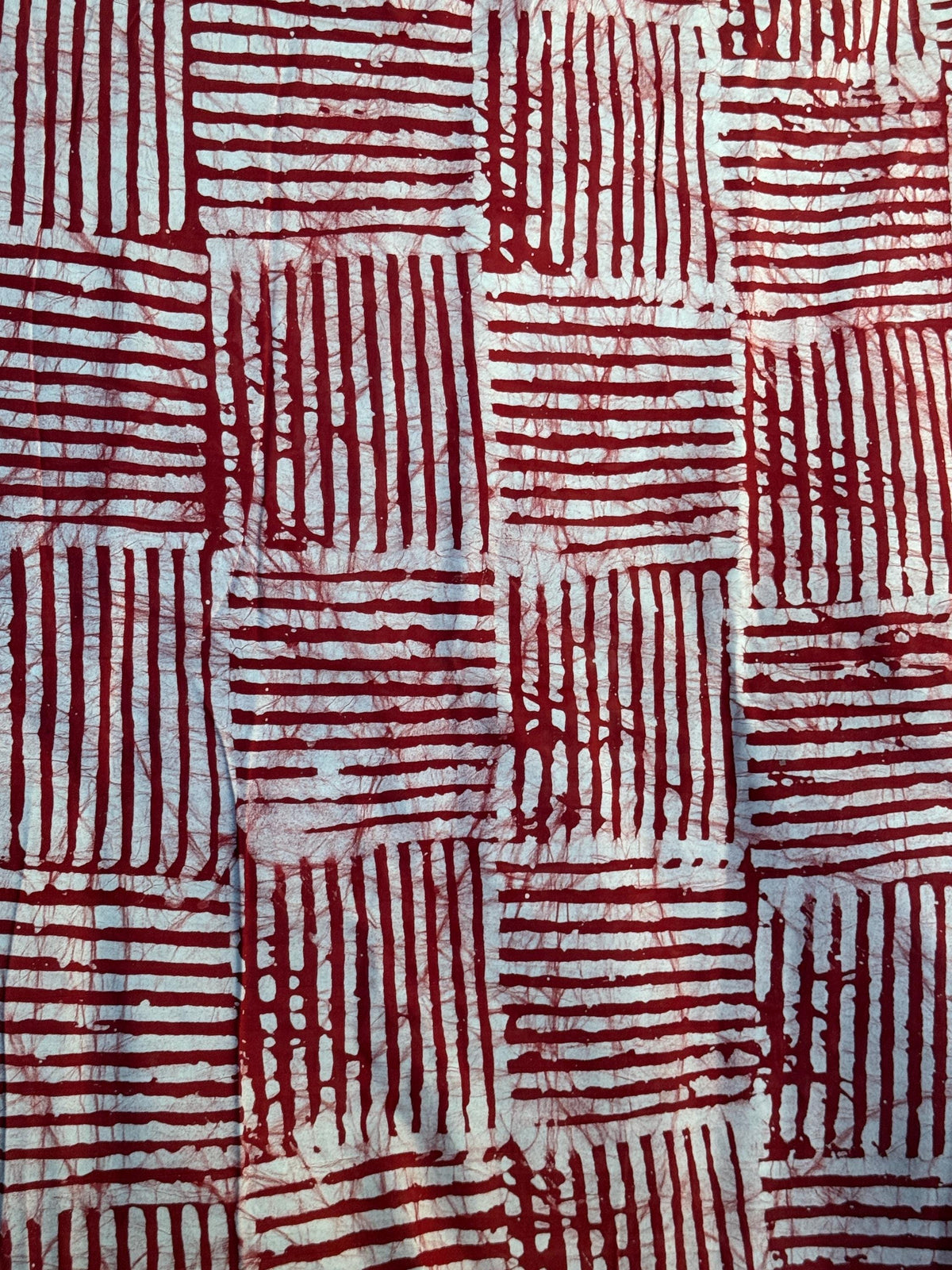 Hand-Dyed Adire Batik Fabric, Red White Basket Weave Cotton, Nigerian Artisan Sewing Material
