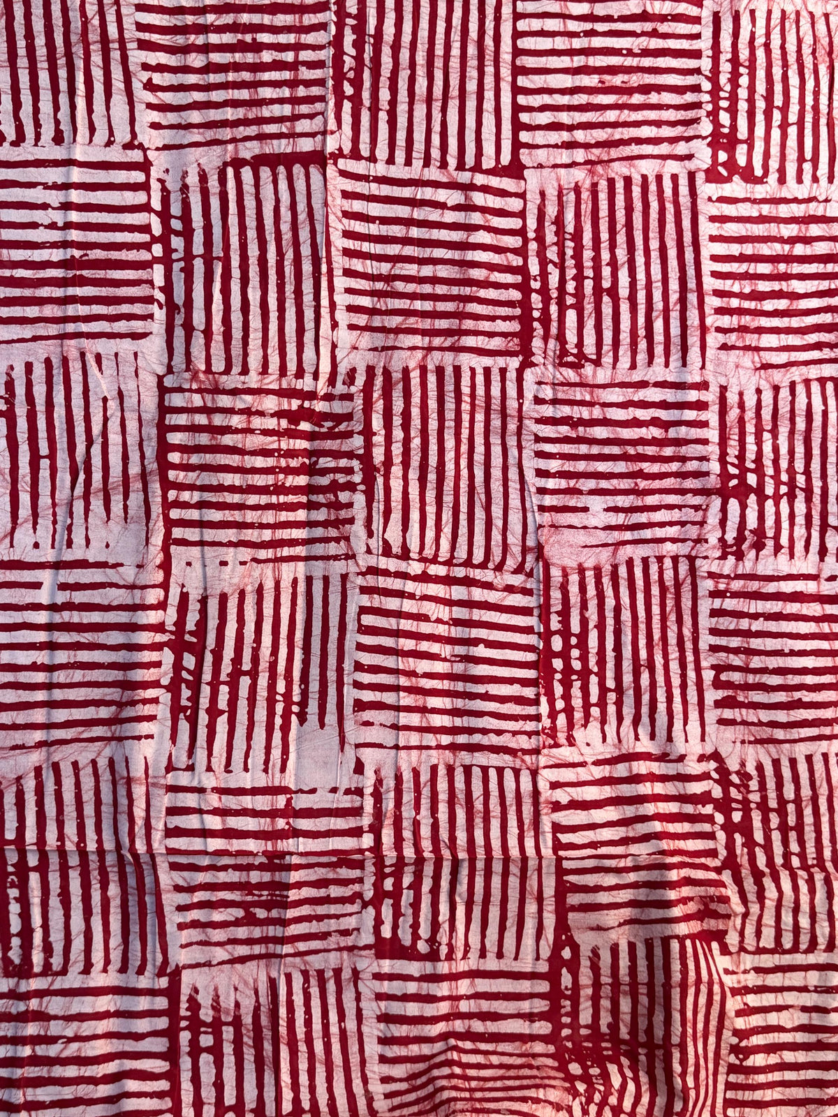 Hand-Dyed Adire Batik Fabric, Red White Basket Weave Cotton, Nigerian Artisan Sewing Material