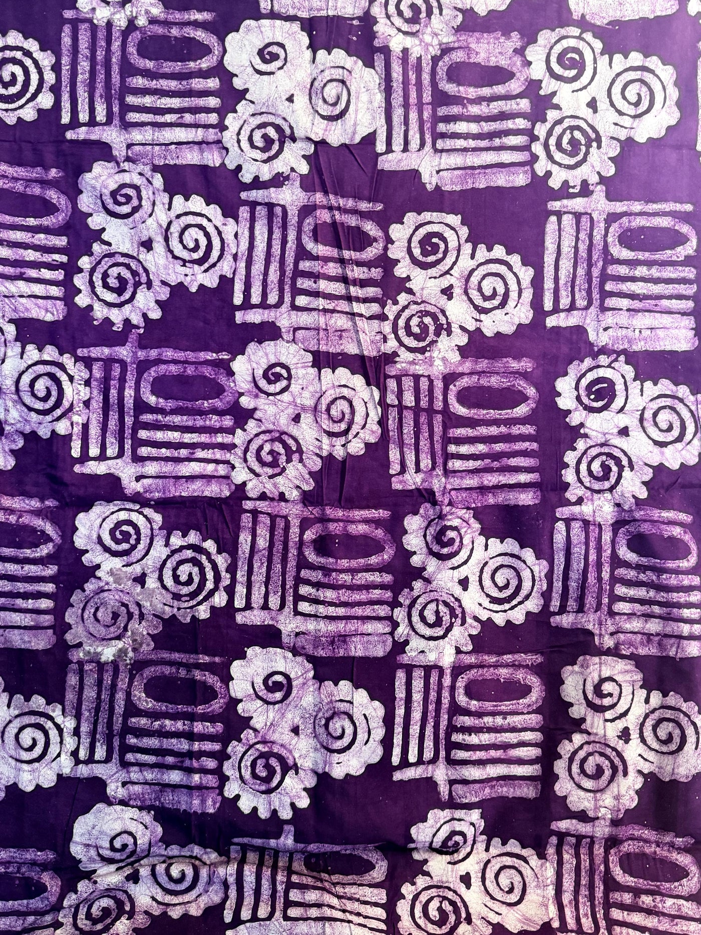 Hand-Dyed Adire Batik Fabric Per Yard, Purple Lavender Cotton, Tribal Spiral Pattern