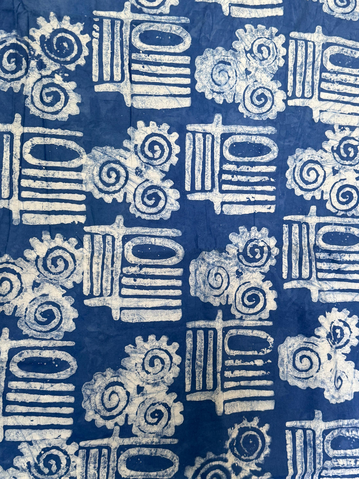 Handmade Adire Batik Fabric, Navy Blue White Tribal Spiral Cotton, African Sewing Textile