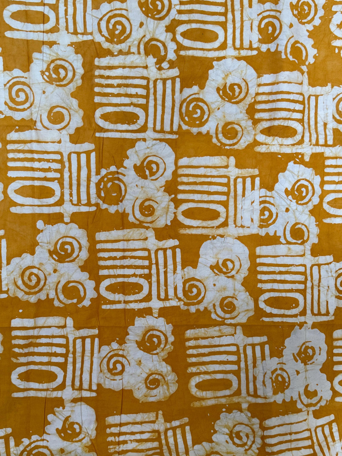 Hand-Dyed Adire Batik Fabric, Golden Amber Cotton, Tribal Spiral Pattern Per Yard