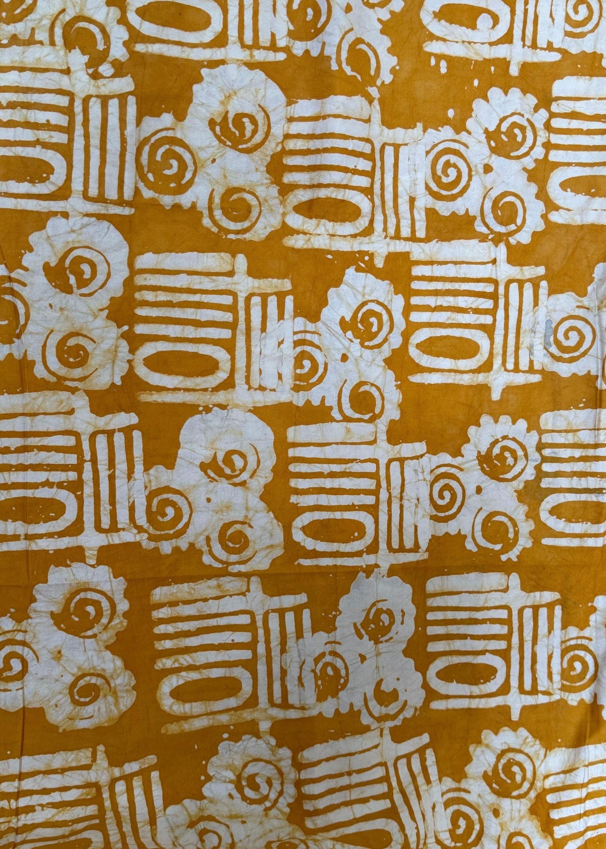 Hand-Dyed Adire Batik Fabric, Golden Amber Cotton, Tribal Spiral Pattern Per Yard