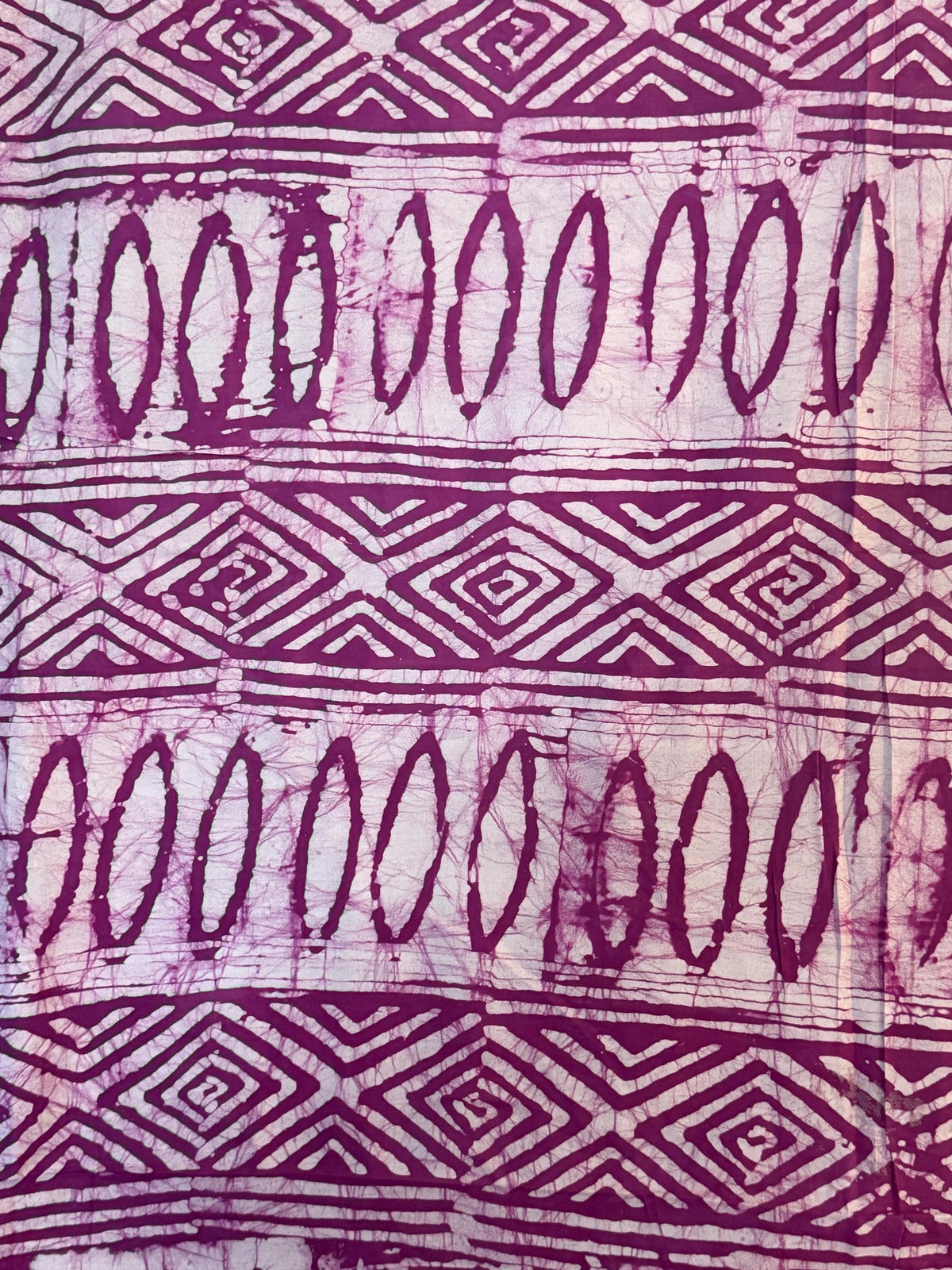 Handmade Adire Batik Fabric Per Yard, Magenta Purple Cotton, Tribal Diamond Oval Pattern