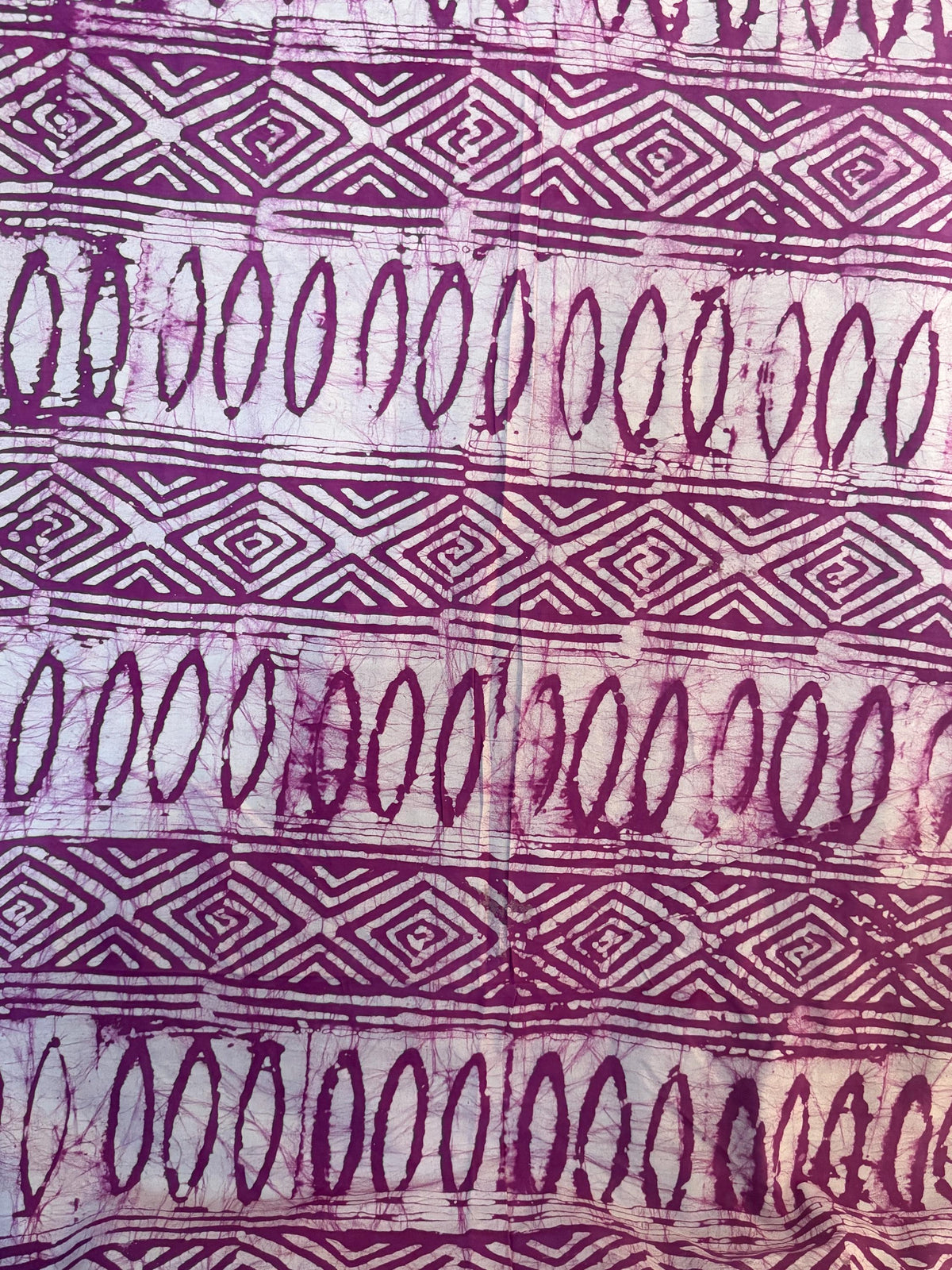 Handmade Adire Batik Fabric Per Yard, Magenta Purple Cotton, Tribal Diamond Oval Pattern
