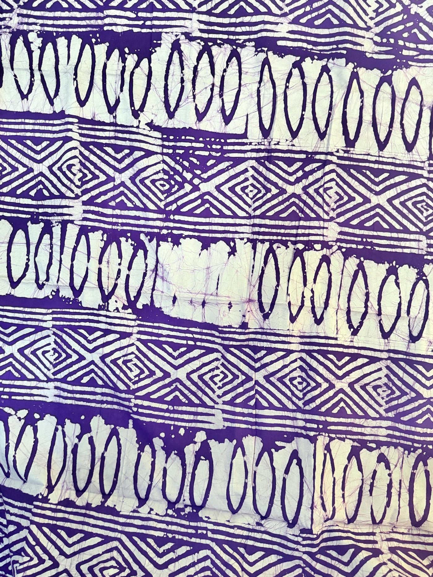 Hand-Dyed Adire Batik Fabric Per Yard, Purple White Tribal Diamond Oval Cotton, African Sewing